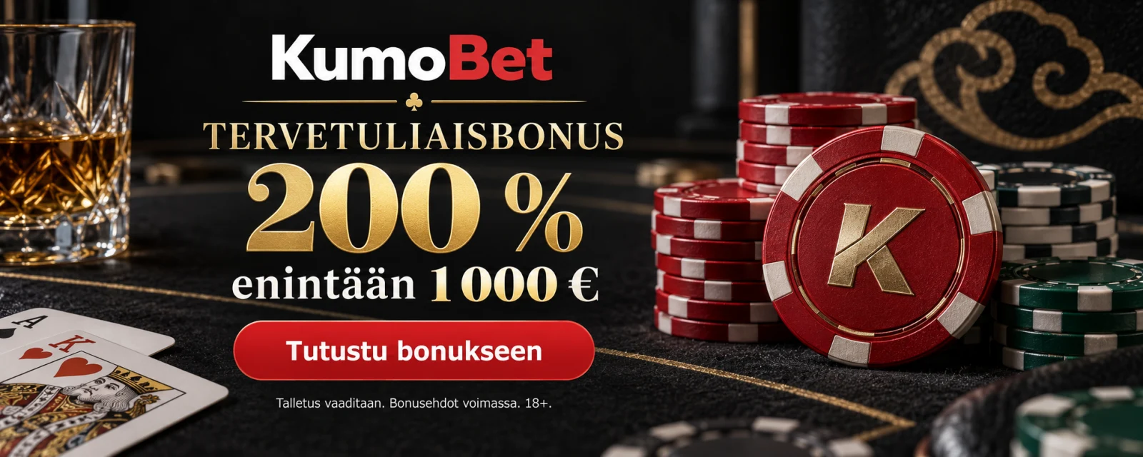KumoBet-tervetuliaisbonus 200 % enintään 1 000 €. Tutustu bonukseen. Talletus vaaditaan, bonusehdot voimassa. 18+.