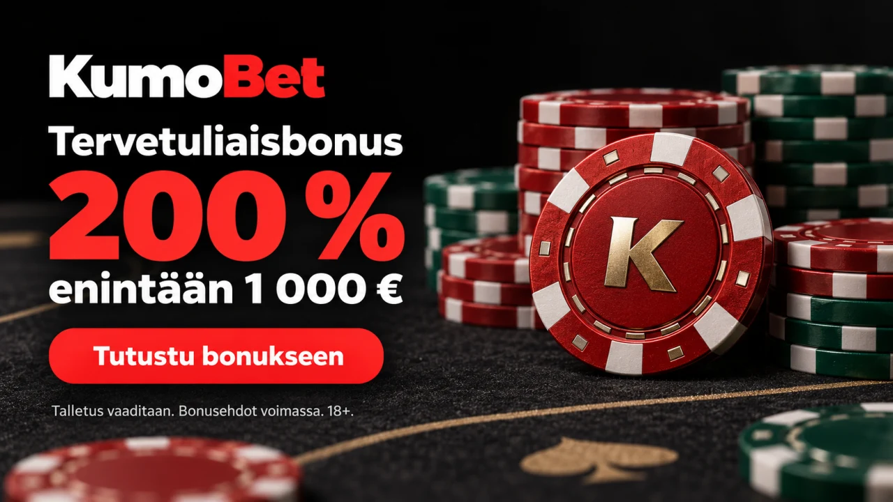 KumoBet: tervetuliaisbonus 200 % enintään 1 000 €. Talletus vaaditaan, bonusehdot voimassa. 18+.